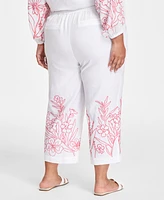 Charter Club Plus 100% Linen Embroidered Cropped Pants, Exclusively at Macy's