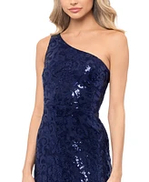 Blondie Nites Juniors' Sequined Lace One-Shoulder Gown