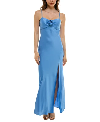 Next Up Juniors' Rosette-Trim Empire-Waist Side-Slit Gown