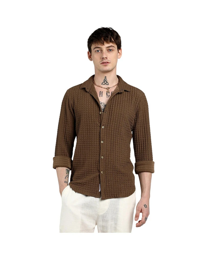 Campus Sutra Men's Chocolate Brown Cube-Textured Shirt