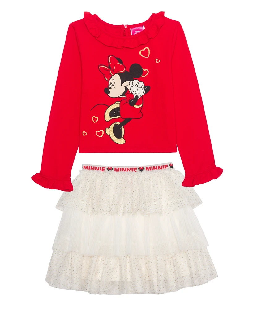 Disney Toddler and Little Girls Minnie Mouse Long Sleeve Top Skirt, 2-Piece Set