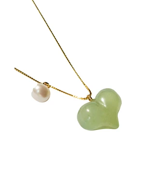 Puffed heart — Green jade & pearl pendant necklace