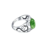 Bling Jewelry Scroll Filigree Oval Natural Green Jade Statement Ring .925 Sterling Silver