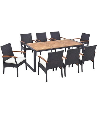 Costway 9 Pieces Patio Rattan Dining Set with Acacia Wood Table, 1.9" Umbrella Hole