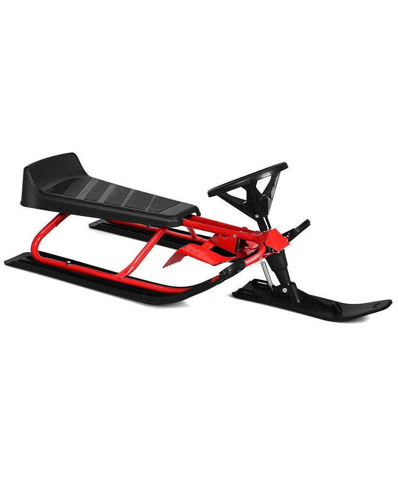 Sugift Kids Snow Sled with Steering Wheel and Double Brakes Pull Rope-Red