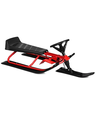 Sugift Kids Snow Sled with Steering Wheel and Double Brakes Pull Rope-Red