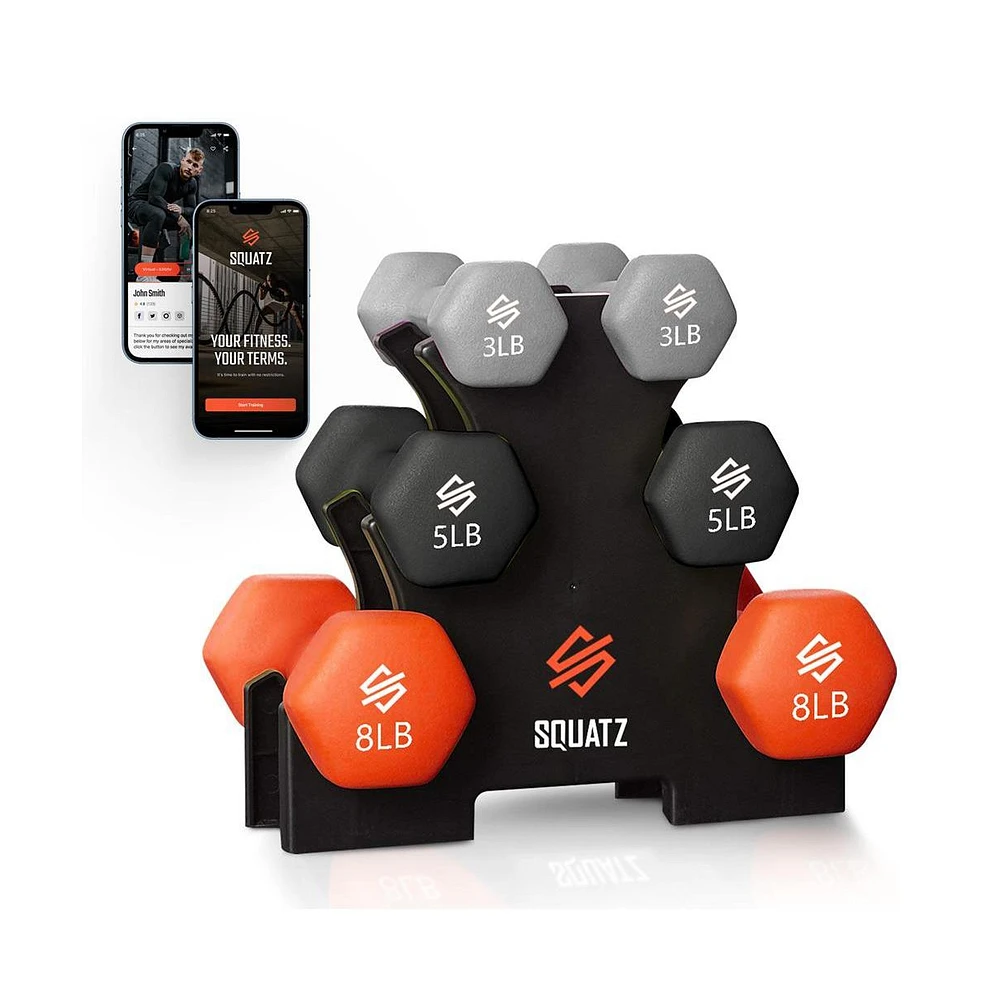 Squatz Neoprene Dumbbell Set With Stand, 30 lb Total Weight