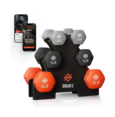 Squatz Neoprene Dumbbell Set With Stand, 30 lb Total Weight