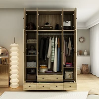 Famapy Brown Rattan Doors Wardrobe with 5-Drawers,2-Hanging Rods,Top Cabinet