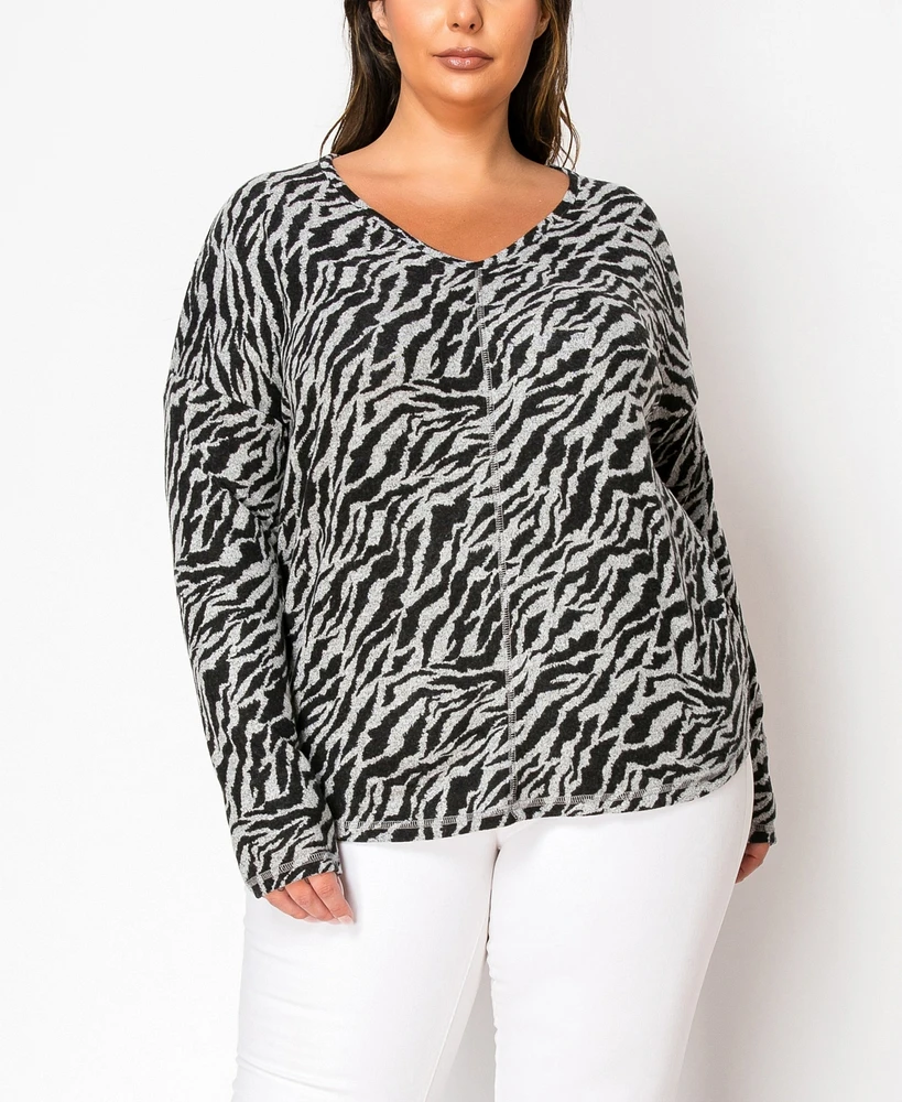 Coin 1804 Plus Zebra Print Cozy V-Neck Dolman Sleeve Top