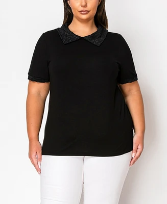 Coin 1804 Plus Size Lace Detail Short Sleeve Top