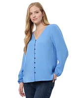 Jones New York Women's V Neck Button Front Top with Long Sleeves Jasper Crepe