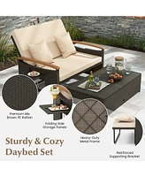 Costway Patio Rattan Daybed Set with Cushioned Loveseat & Storage Ottoman for Porch