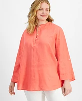 Charter Club Plus Linen Split-Neck Tunic, Exclusively for Macy's