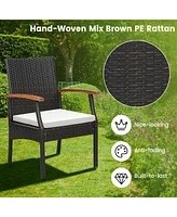 Costway 2PCS Patio Pe Wicker Chairs Acacia Wood Armrests with Soft Zippered Cushion Balcony