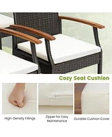 Costway 4PCS Patio Pe Wicker Chairs Acacia Wood Armrests with Soft Zippered Cushion Balcony