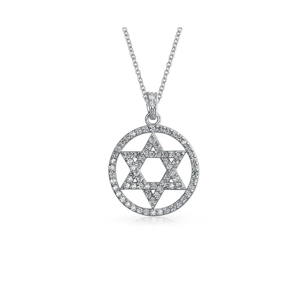 Bling Jewelry Cubic Zirconia Cz Accent Pave Religious Magen Judaic Hanukkah Star Of David Disc Circle Pendant Necklace For Women Bat Mitzvah .925 Ster