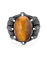 Bling Jewelry Big Retro Stripe Statement Oval Signet Natural Tiger Eye Claw Ring Silver