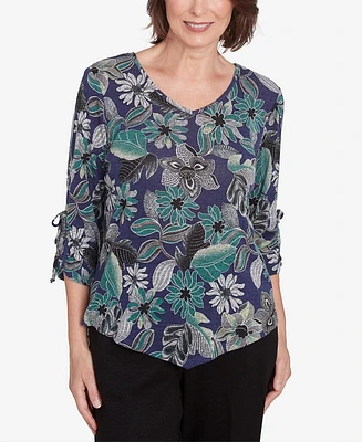 Alfred Dunner Petite French Quarter Floral Puff Print Drawstring Top