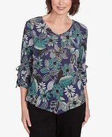 Alfred Dunner Petite French Quarter Floral Puff Print Drawstring Top