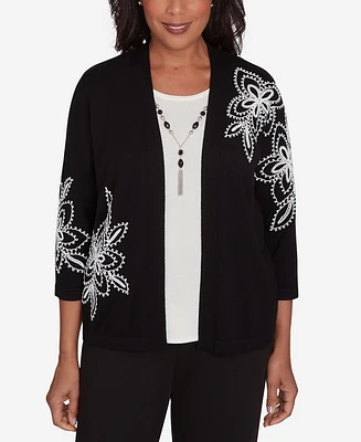 Alfred Dunner Petite Runway Ready Floral Embroidered Two in One Sweater with Necklace