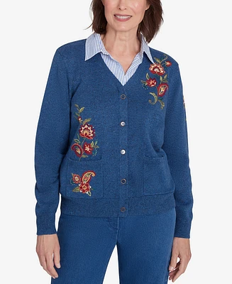 Alfred Dunner Petite Harvest Moon Paisley Floral Two One Collared Cardigan Sweater