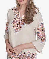 Alfred Dunner Petite Harvest Moon Medallion Embroidered Flutter Sleeve Top