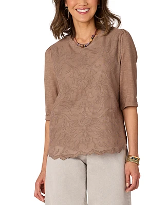 Democracy Petite Embroidered Die-Cut-Front Knit-to-Woven Top