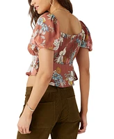 O'Neill Juniors' Autumn Floral-Print Cropped Puffed-Sleeve Top