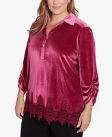 Ruby Rd. Plus Stretch Velvet Lace Trim Top