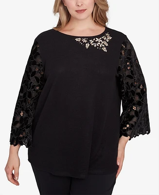 Ruby Rd. Plus Velvet Rosette Lace Sleeve Bejeweled Top