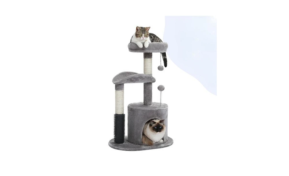 Slickblue Small Cat Tree for Indoor Cats, Medium Cat Tower with Interactive Toy, Self Groomer Brush