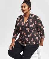 Jm Collection Plus Printed V-Neck 3/4-Sleeve Top, Exclusively at Macy's