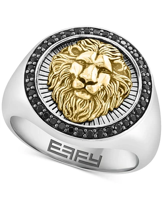 Effy Men's Black Spinel Lion Head Round Disc Ring (3/8 ct. t.w) in Sterling Silver, 14k Gold-Plate, & Black Rhodium-Plate