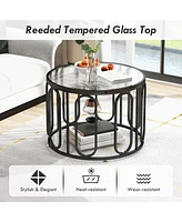 Gymax 2-Tier 24'' Round Coffee Table w/ Oval Swivel Brackets & Reeded Tempered Glass Gold