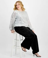 Tahari Asl Plus Size Sequin Round-Neck Long-Sleeve Blouse