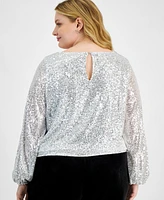 Tahari Asl Plus Size Sequin Round-Neck Long-Sleeve Blouse