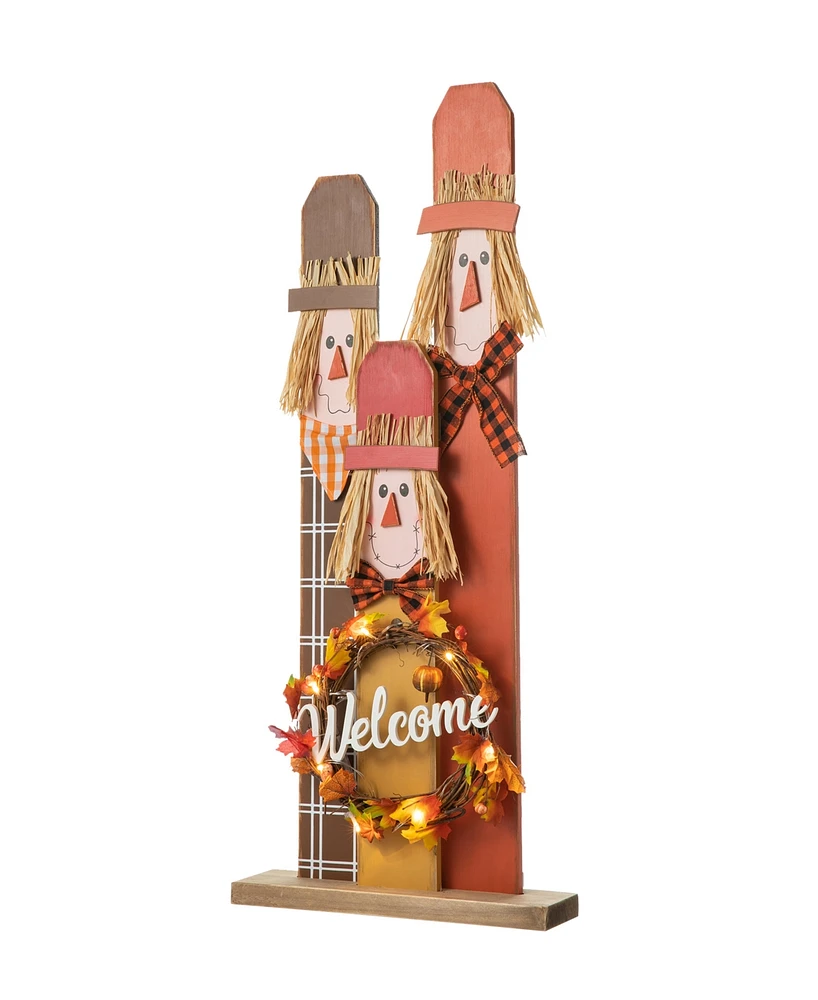 Glitzhome 36.25"H Lighted Wooden Scarecrow Family Porch Decor Wreath, With Timer