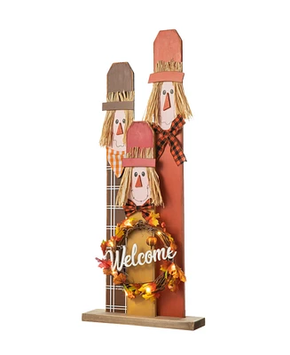Glitzhome 36.25"H Lighted Wooden Scarecrow Family Porch Decor Wreath, With Timer