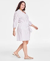 On 34th Trendy Plus Cotton Striped Tie-Waist Shirtdress, Exclusively at Macy's