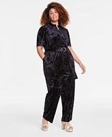 On 34th Trendy Plus Velvet Belted Short-Sleeve Jumpsuit, Exclusively at Macy's