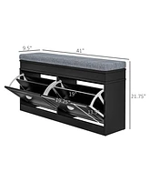 Modern Shoe Rack Bench for Entryway, Storage Organizer with Cushion, 2 Drawers, Adjustable Shelf, Holds 8 Pairs, Black