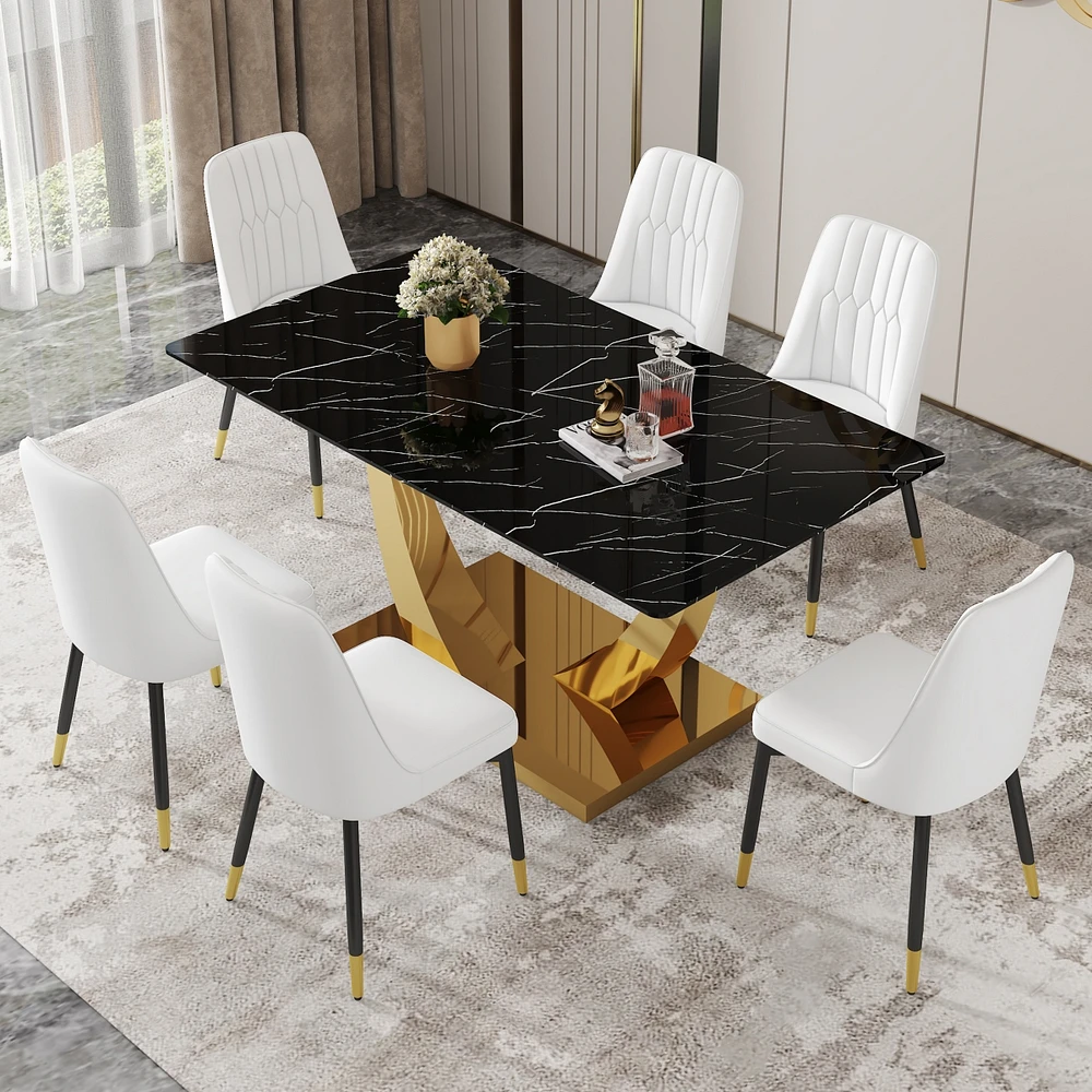 Streamdale Furniture Table and chair set.Modern rectangular dining table with black textured stickers glass tabletop and gold plated metal legs.Paired