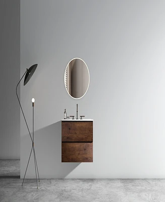 Wall Mount 24" Walnut Bathroom Vanity with Ceramic Sink with three faucet holes, Large Storage Floating Bathroom Vanity for Modern Bathroom, One-
