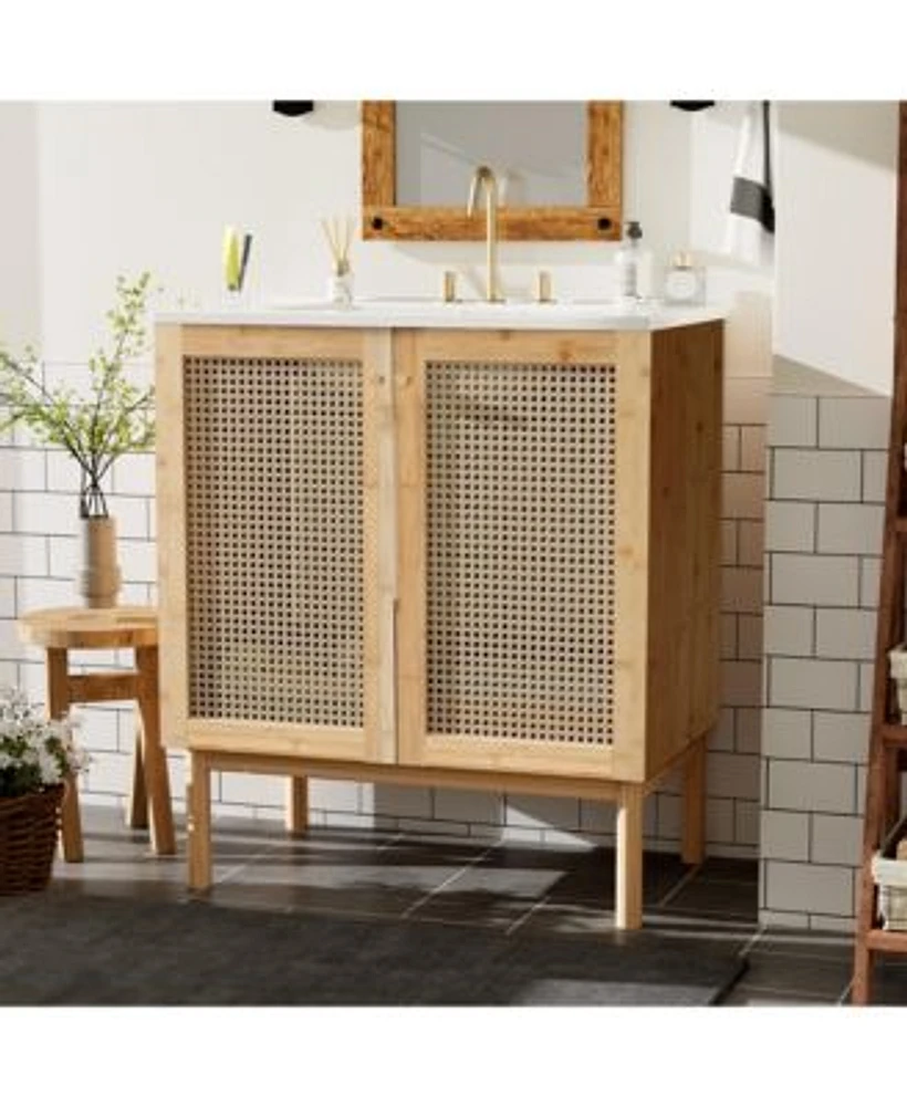 Streamdale Furniture 30 Inch Bathroom Vanity Crafted From Natural Materials Featuring Handmade Rattan Doors Soft Closing Mechanisms