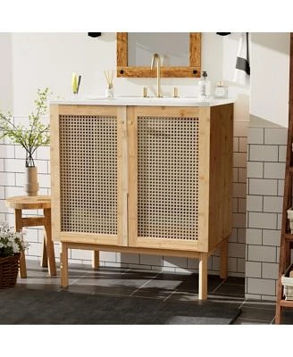 Streamdale Furniture 30 Inch Bathroom Vanity Crafted From Natural Materials Featuring Handmade Rattan Doors Soft Closing Mechanisms