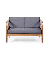 Simplie Fun Aston Acacia Wood Outdoor Loveseat Set_Loveseat&Coffee Table - Teak Finish + Dark Gray Cushion