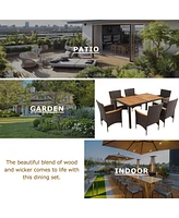 Streamdale Furniture 7-Piece Outdoor Patio Dining Set, Garden Pe Rattan Wicker Dining Table and Chairs Set, Acacia Wood Tabletop, Stackable Armrest Ch