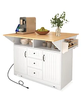 55.7" Large Kitchen Island with 2 Drop Leaf,, Rolling Kitchen Cart on 5 Wheels with Power Outlet, Folding Storage Dining Table with Spice & Towel