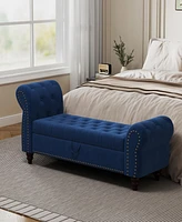 Streamdale Furniture 64.5" Bed Bench for Bed Room Nails Tufted Chaise of Lounge with Storage Velvet Upholstery Navy Blue